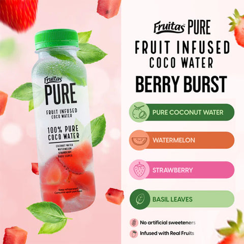 Fruitas Pure BERRY BURST - Fruit Infused Coco Water, Watermelon, Strawberry & Basil Leaves 250ml